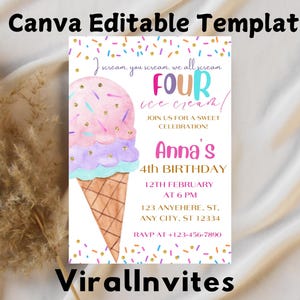 May include: A Canva editable template invitation for a fourth birthday celebration. The design features a watercolor ice cream cone with pink and purple scoops, and sprinkles. The text reads "Four ice cream!" and includes party details.