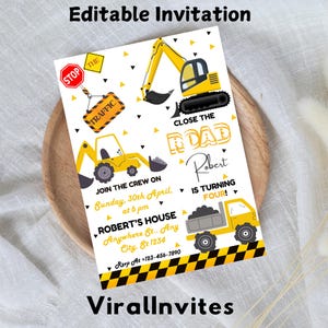 Construction Birthday Invitation Template, Editable Boy Construction Vehicle Birthday Party Invite, Dump Truck, Excavator theme Invite