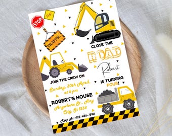Modello di invito di compleanno per cantieri edili: autocarro con cassone ribaltabile, escavatore (download digitale)