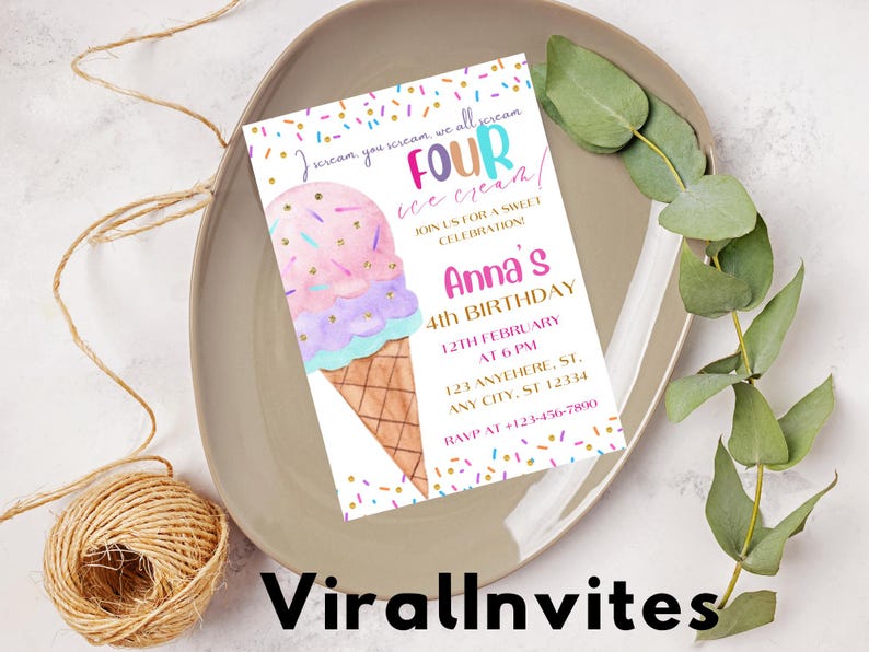 May include: A birthday invitation card with an ice cream cone illustration. The card features text that reads "Four ice cream!" and details for a 4th birthday celebration, including the name "Anna's", date, time, and location.
