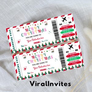 May include: Two Christmas-themed boarding passes with red and green borders. The passes read "Merry Christmas" and include text about a destination and departure details. The bottom of the image has the text "ViralInvites".