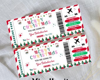 Editable Christmas Boarding Pass | Canva Template, Printable Plane Ticket, Holiday Surprise Trip Gift Certificate, Digital Download