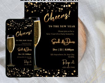 New Year's Eve Party Invitation Template, Editable Gold New Year's Party Invitation, NYE Party Invite Printable, Instant Download