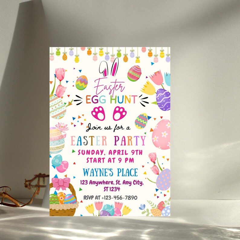 May include: An Easter party invitation with the words "Easter Egg Hunt" and "Easter Party." The design includes illustrations of Easter eggs, flowers, and a basket. The date and time are displayed on the invitation.
