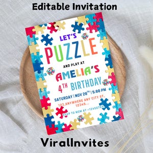Puzzle Birthday Invitation, Game Time Party Invite, Kids Puzzles Games, Puzzle Piece Invites, Girls Boys Birthday Invitation, Canva Template
