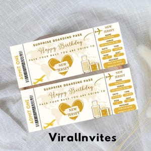 Bilhete de embarque Gold Birthday, Bilhete de embarque surpresa, Modelo, Bilhete de presente editável, Bilhete de viagem, Download digital