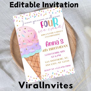 May include: A colorful ice cream cone birthday invitation with the text "Editable Invitation" at the top and "ViralInvites" at the bottom. The invitation features a watercolor ice cream cone with pink, purple, and blue ice cream. The text reads "FOUR ice cream!" and includes party details.
