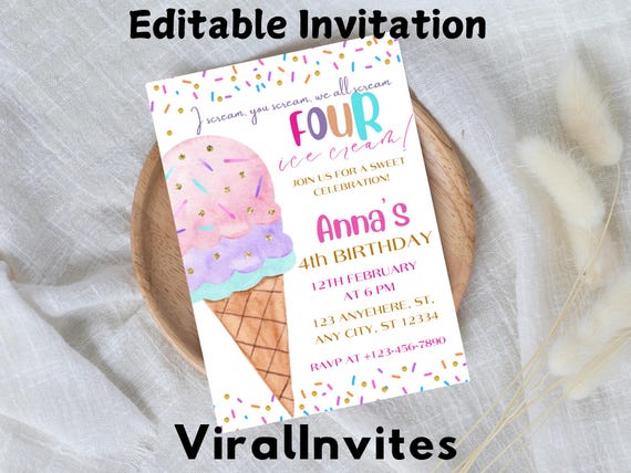 Ice Cream Birthday Invitation, I scream You Scream We All Scream Four Ice Cream, 4th Birthday Invite Pink Ice Cream Party, Canva Template