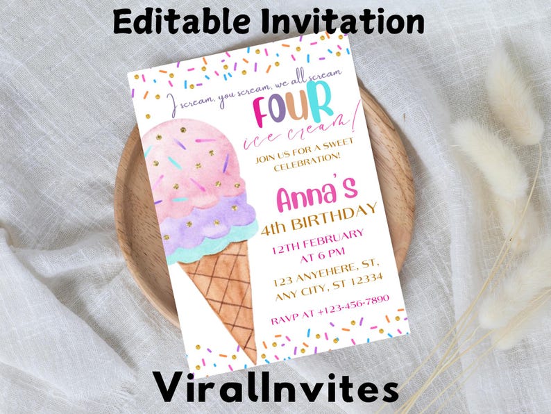 May include: A colorful ice cream cone birthday invitation with the text "Editable Invitation" at the top and "ViralInvites" at the bottom. The invitation features a watercolor ice cream cone with pink, purple, and blue ice cream. The text reads "FOUR ice cream!" and includes party details.