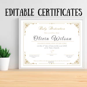 Certificado de Dedicación de Bebé, Certificado de Bautismo, Regalo de Dedicación de Bebé, Plantilla de Canva para Certificado de Dedicación de Niño, Plantilla Editable