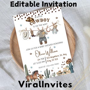 Baby shower da cowboy, invito per baby shower da piccolo cowboy, invito per baby shower da selvaggio West, invito per baby shower da cowboy marrone, invito per baby shower da rodeo