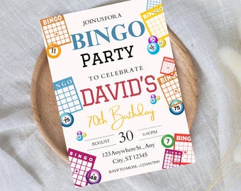 May include: A personalized bingo party invitation with the text "Join us for a Bingo Party to Celebrate David's 70th Birthday". The invitation includes bingo cards, bingo balls, and the text "ViralInvites".