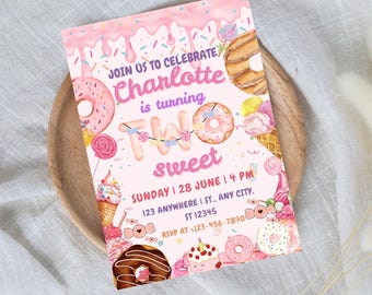 Two Sweet Birthday Invitation: Donut & Candy Theme (Digital Download)