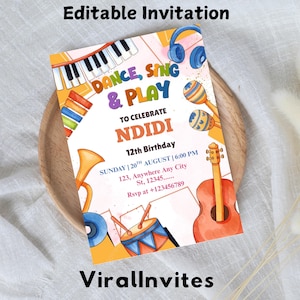 Dance Sing Play Party Invitation, Editable Music Birthday Invite, Rock Star Band, Girls Musical Instruments Invite, Instant Download