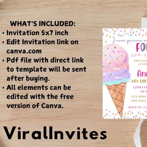 May include: A colorful invitation for a fourth birthday party. The design features a watercolor ice cream cone with pink, purple, and blue scoops. The text reads "Four ice cream" and includes party details. The invitation is 5x7 inches.