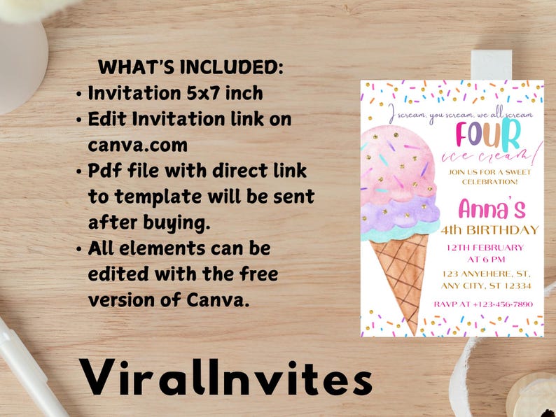 May include: A colorful invitation for a fourth birthday party. The design features a watercolor ice cream cone with pink, purple, and blue scoops. The text reads "Four ice cream" and includes party details. The invitation is 5x7 inches.