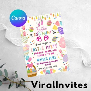 May include: Easter party invitation featuring Easter eggs, tulips, and a basket. The invitation includes the text "Easter Egg Hunt" and event details. The Canva logo is in the upper left corner, and the text "ViralInvites" is at the bottom.