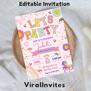 Op de afbeelding: Roze verjaardagsuitnodiging met een regenboog, eenhoorn en de tekst "Let's Party!"  Doe mee met het vieren van *Isabell's* 9e verjaardag.  Zondag 25 april 2025 om 17:00 uur.  123 Anywhere St, Any City, St 1234.  RSVP naar 1234567890.
