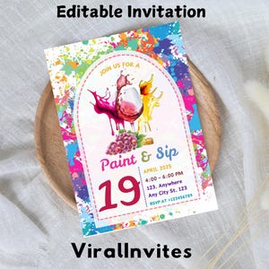Sip and Paint Party Invitation,Editable Paint & Sip Party Invite,Wine and Paint Birthday Invite,Digital Sip and Paint Invite,InstantDownload