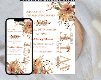 Invitation imprimable pour Thanksgiving, téléchargement immédiat et modifiable pour un repas-partage de Friendsgiving, invitation numérique minimaliste pour Thanksgiving, assiette à dîner