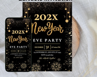 Plantilla de invitación para fiesta de Nochevieja 2026, invitación para fiesta de Año Nuevo, invitaciones de Nochevieja, descarga de invitación de Nochevieja, Evite