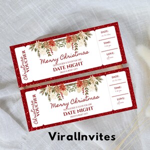 May include: Two red Christmas date night vouchers with glitter borders. Each voucher features floral accents, the text "Merry Christmas," and space for date, time, and a personal message. The bottom of the vouchers read "Enjoy a night out!"