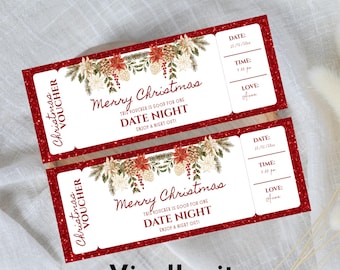 May include: Two red Christmas date night vouchers with glittery borders. Each voucher has floral accents, the text "Merry Christmas," and space for date, time, and a personal message. The bottom of the vouchers read "Enjoy a night out!"