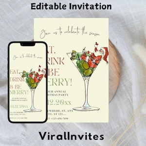 May include: An editable Christmas party invitation with a festive design. The invitation features a martini glass with Santa Claus inside, olives, and the text "Eat, Drink & Be Merry!" displayed on a smartphone and a card.