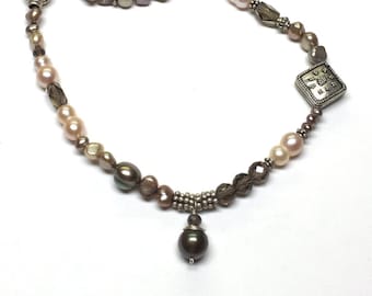 Smokey Topaz Pearl Necklace with Bali Silver Accents in Pink and Taupe Pearls, Asymetrical Design