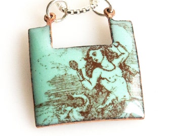 Enamel Mermaid Pendant on 16" Sterling Silver chain, Handmade Enamel Mermaid Necklace