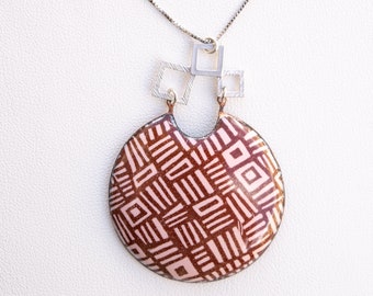 Pink Enamel Pendant with Geometric Design on a 20 inch Sterling Silver Chain