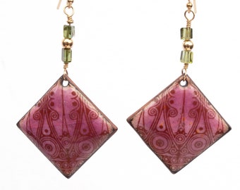 Rose Enamel Earrings with Scrolled Pattern on Gold Filled Ear Wire with Peridot accents, Hand Enameled