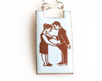 Risque Couple Enamel Pendant on 16" Sterling Silver chain