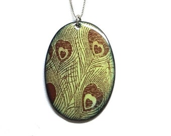 Peacock Feather Enameled Pendant in Yellow and Sepia on 16" Sterling Silver chain