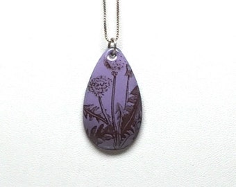 Purple Dandelion Enamel Teardrop Necklace