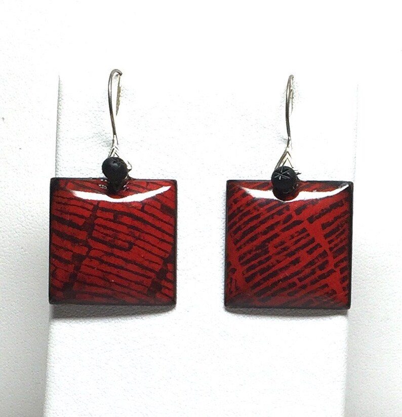 Red Enamel Earrings with sterling silver ear wires image 1
