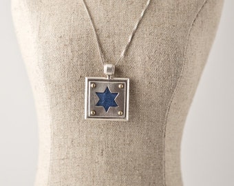 Jewish Star Blue Velvet Necklace, Sterling Silver with Brass Screws, Original Design, Bar Mitzvah Gift, Star of David