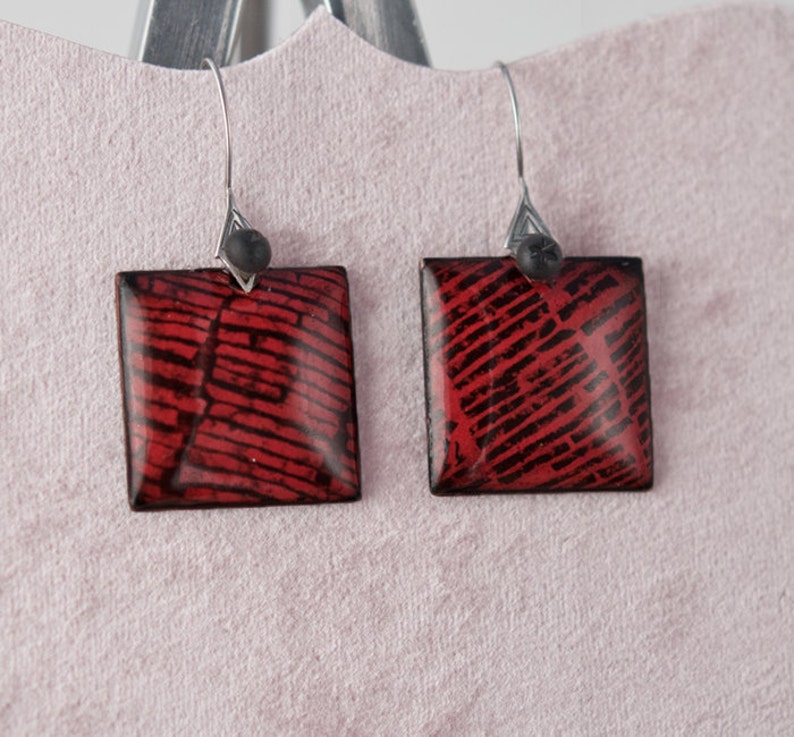 Red Enamel Earrings with sterling silver ear wires image 2