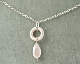 Large Pearl Pendant on a Silk Wrapped Ring with Matching Earrings. Sterling Silver and Pearl Pendant Earrings Set.