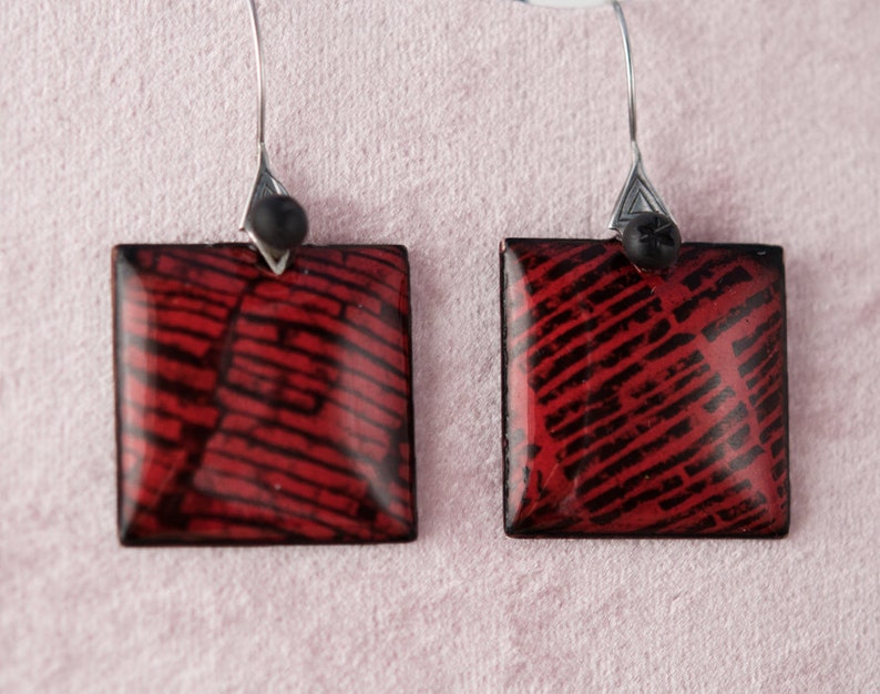 Red Enamel Earrings with sterling silver ear wires image 4