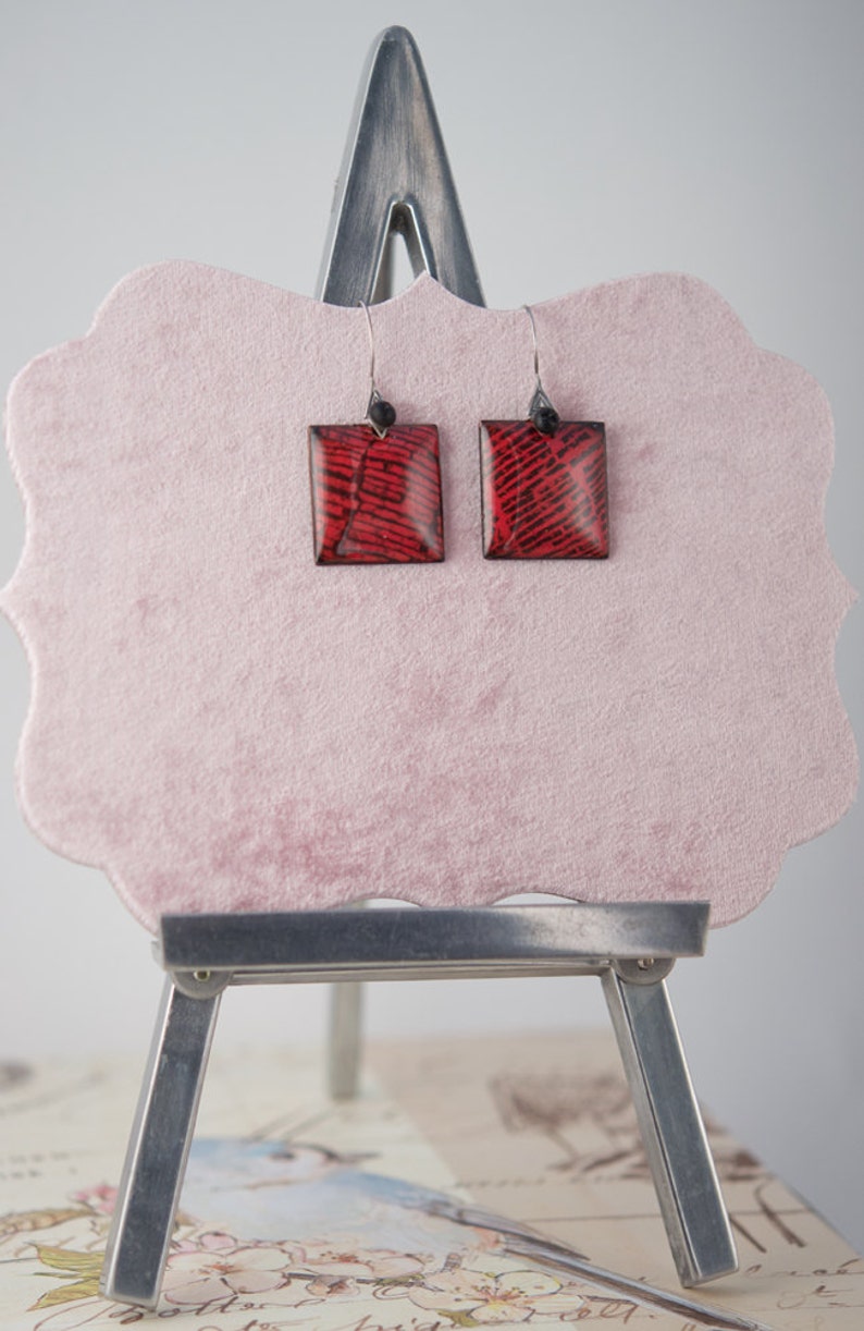 Red Enamel Earrings with sterling silver ear wires image 3