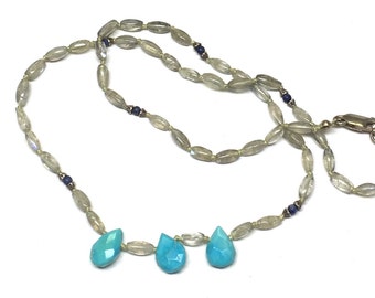 Turquoise Teardrop and Labradorite necklace with Lapis Accents. Knotted Silk