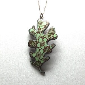 Green Oak Leaf Enamel Pendant, Japanese Cherry Blossom Pendant, Leaf Pendant, Enamel Pendant Handmade image 1