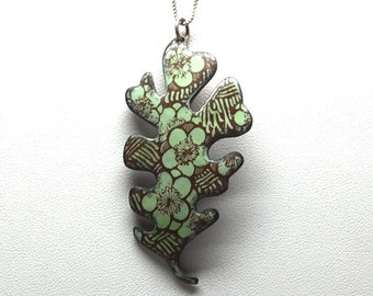 Green Oak Leaf Enamel Pendant, Japanese Cherry Blossom Pendant, Leaf Pendant, Enamel Pendant Handmade