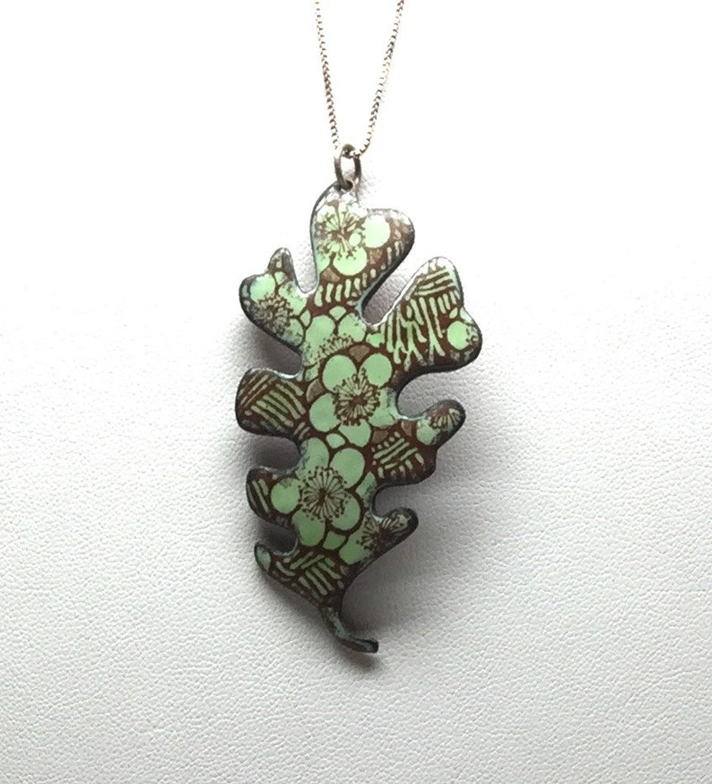 Green Oak Leaf Enamel Pendant, Japanese Cherry Blossom Pendant, Leaf Pendant, Enamel Pendant Handmade image 1