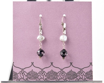 Swarovski Black Crystal and White Pearl Earrings, Vintage Swarovski, Dangle Earrings, Cut Crystal Earrings