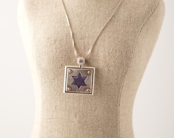 Jewish Star Pendant, Purple Velvet Inserted in Sterling Silver Pendant with Brass Screws, Original Design, Star of David, Bat Mitzvah Gift