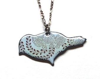 Blue Enamel bird pendant with flower pattern Sterling Silver chain, Blue Bird Necklace