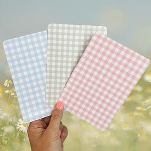 May include: Three rectangular cards with a gingham pattern in pastel colors: light blue, sage green, and pink. The cards are held in a hand against a blurred background of daisies and a soft blue sky.