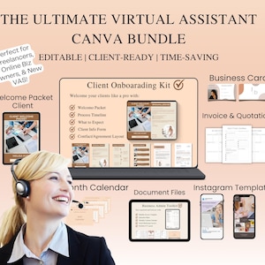 May include: A Canva bundle for virtual assistants, featuring a client onboarding kit, business card, invoice, and quotation templates. Includes a welcome packet, process timeline, and Instagram templates. The text reads: "THE ULTIMATE VIRTUAL ASSISTANT CANVA BUNDLE."